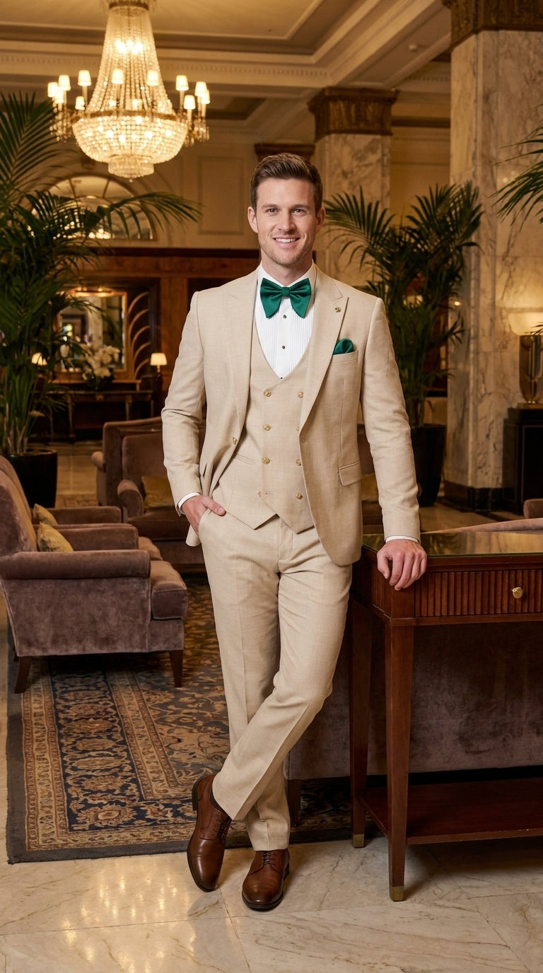 Men’s Khaki Tan 3-Piece Groomsmen Suit – Wedding Suit with Double-Breasted Vest and Pants Great Gatsby Style Gold buttons