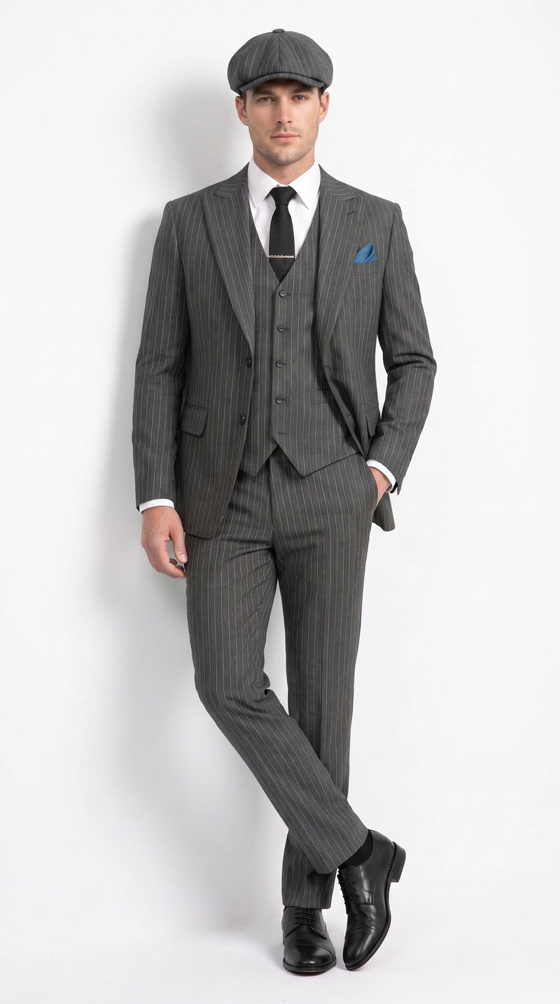 Men’s Thomas Shelby Peaky Blinders Gray Wool Suit Out fit Charcoal Grey Pinstripe 3-Piece  Vintage 1920s Suit
