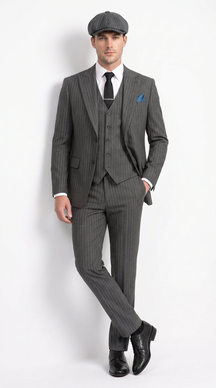 Men’s Thomas Shelby Peaky Blinders Gray Wool Suit Out fit Charcoal Grey Pinstripe 3-Piece  Vintage 1920s Suit