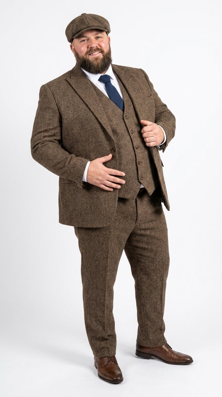 Peaky Blinder Men’s Brown Tweed 3-Piece Suit – Vintage Wedding, Business and Formal Suit with Matching Vest and Pants