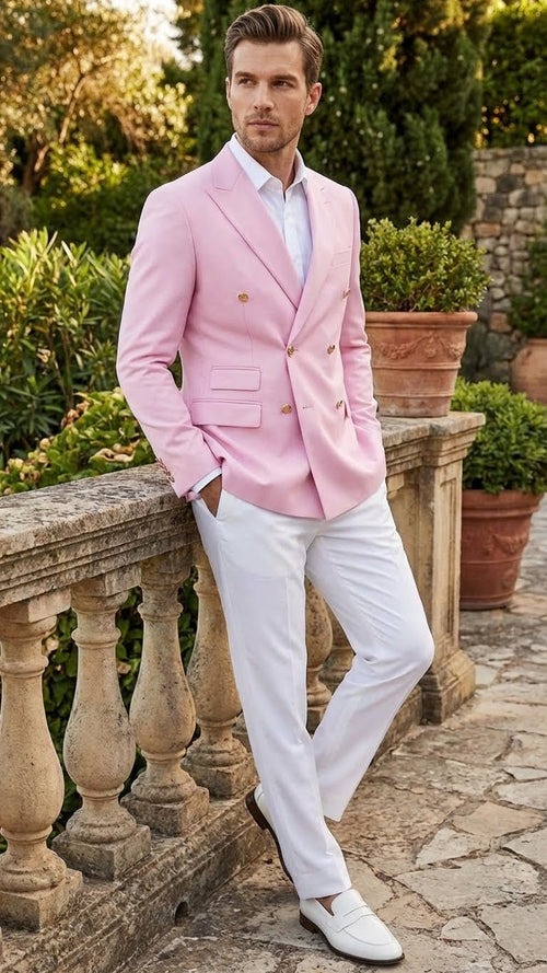 Men's light pink double-breasted blazer sport jacket featuring a tailored fit, two front pockets, and gold-tone buttons. The material appears smooth with a solid color design.
