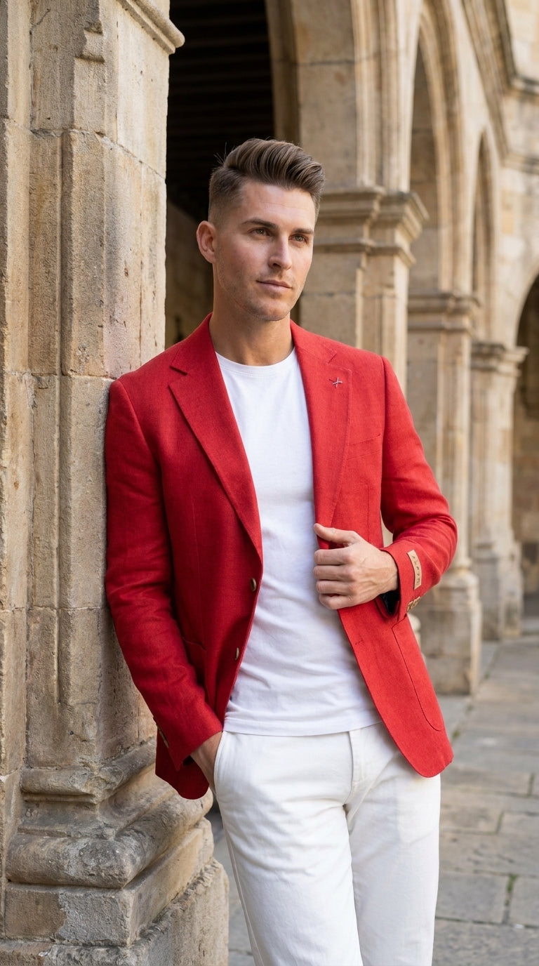 Men’s Red Linen Blazer – Two-Button Wedding, Business and Smart Casual Sport Coat