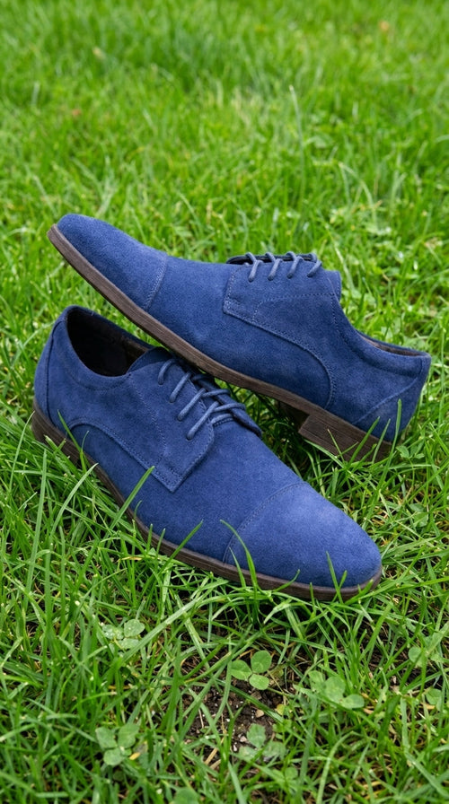 Men's Navy Blue Suede Cap Toe Dress Shoes  Classic Lace Up Formal Wedding  and Prom Shoes Velvet Fabric | Alberto Nardoni