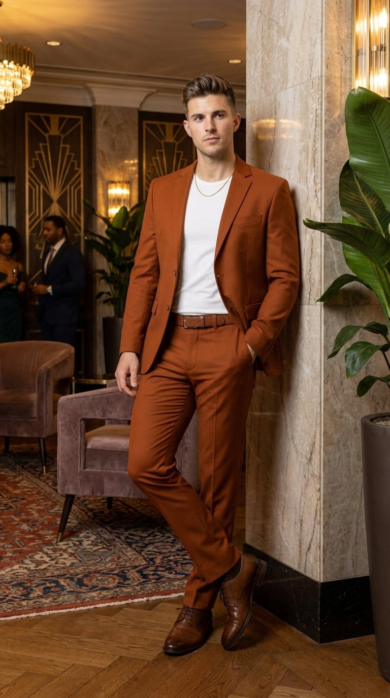 Men’s Burnt Orange Modern Fit Suit – Slim Fit Wedding, Prom and Formal 2-Piece Suit Copper Brick Color