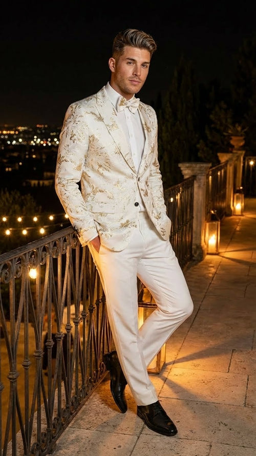 Men's white blazer with gold patterned design. Structured fit, single-breasted, notch lapels, and long sleeves. Smooth texture with intricate gold detailing.
