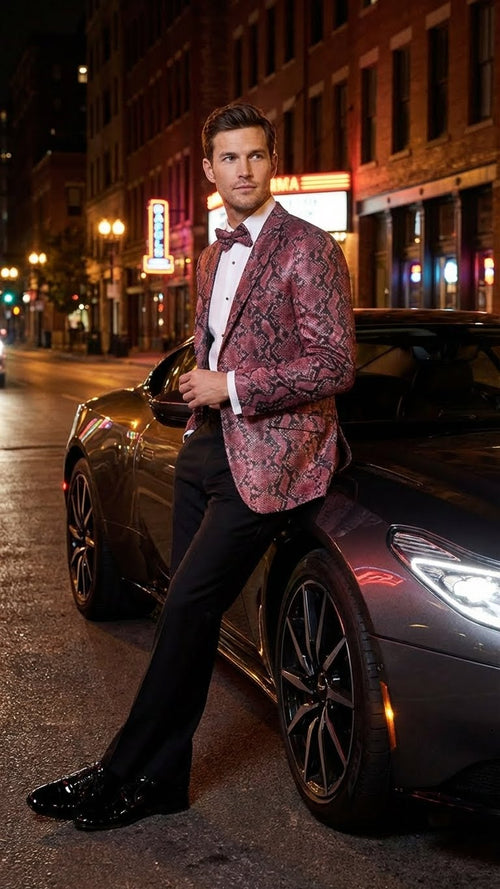 Alberto Nardoni men's blazer in burgundy and black snakeskin print. Fitted silhouette, textured fabric, single-button closure, and notched lapels.
