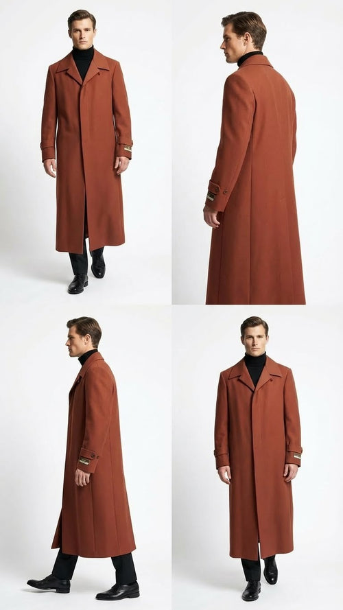 Alberto Nardoni men's cognac overcoat. Full-length, straight silhouette, notched collar, and long sleeves. Smooth, structured fabric. Tailored design with button cuff detailing and clean open front.
