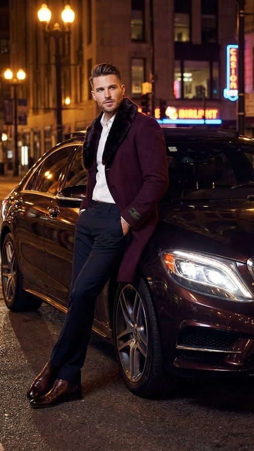 Men's burgundy three-quarter coat with faux fur collar. Tailored fit, long sleeves, and sleek silhouette. Textured, possibly wool blend fabric.
