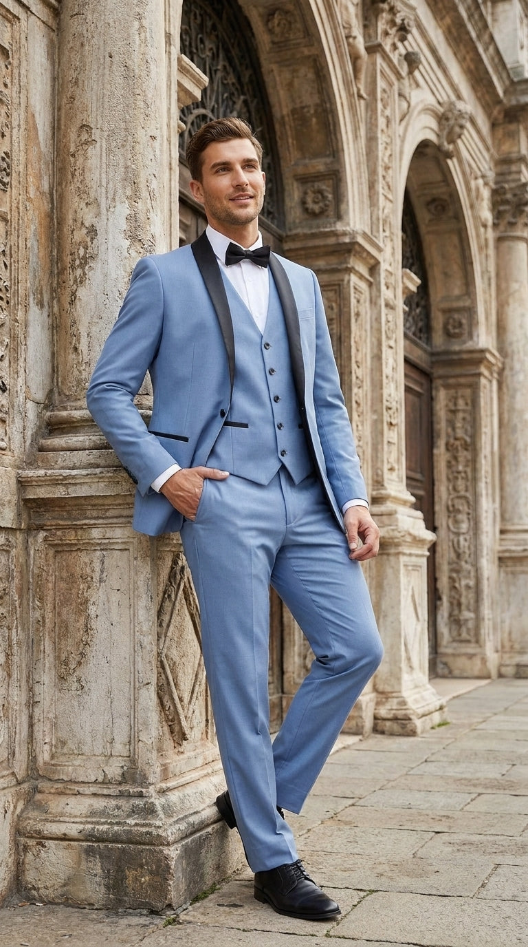 Men’s Powder Blue 3 Piece Tuxedo Suit – Light Blue Shawl Lapel Wedding Prom Suit with Vest