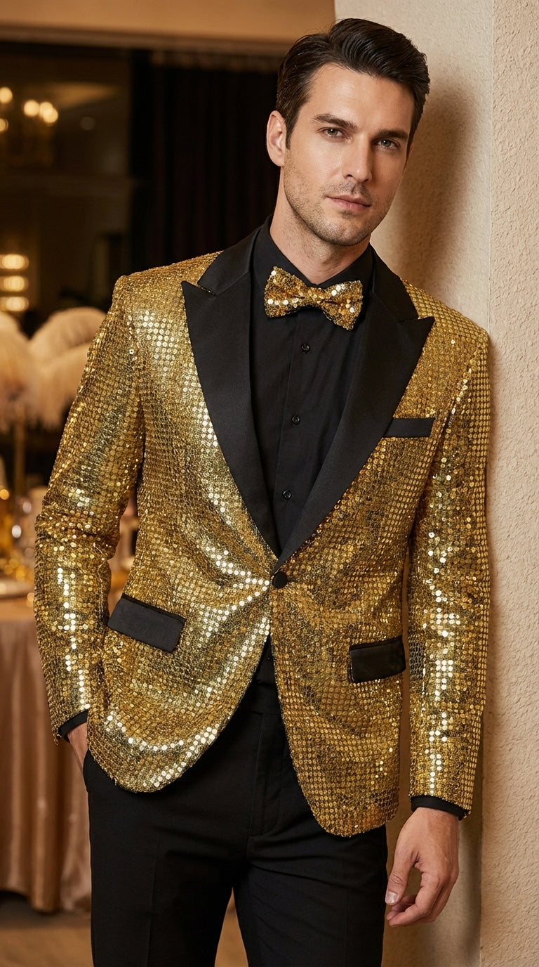 Mens Gold Sequin Blazer with Black Satin Lapel – Gold Formal Party Blazer Jacket for Prom, Wedding and Stage Events