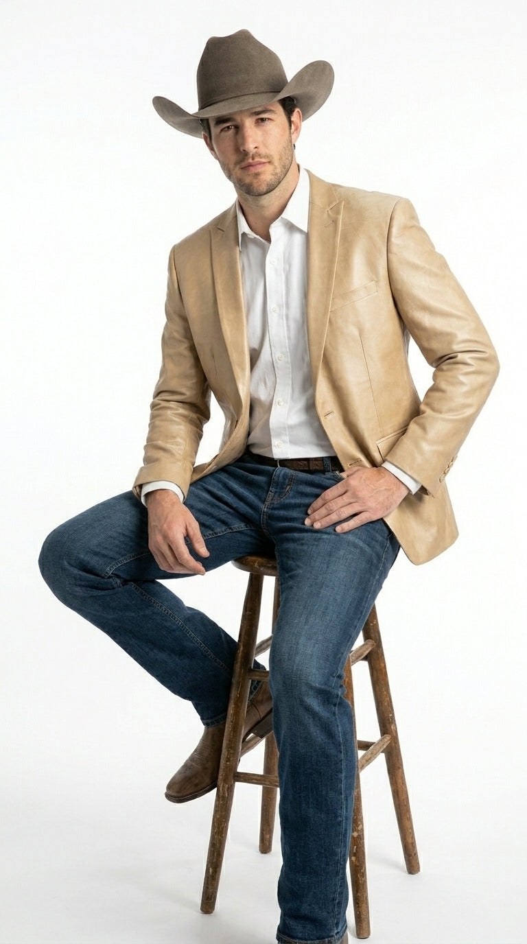 Men’s Champagne Gold Western Blazer, Formal Cowboy Wedding Ranch Sport Coat Jacket tan beige color sheen sharkskin fabric