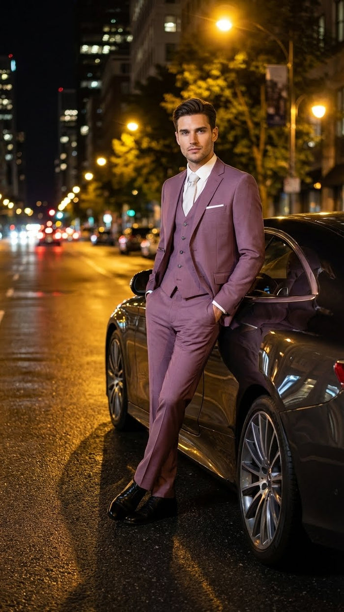 Men's mauve three-piece suit: slim-fit blazer, vest, and tailored pants. Smooth, structured fabric with a modern cut. Features notch lapels, single-button closure, and clean lines.
