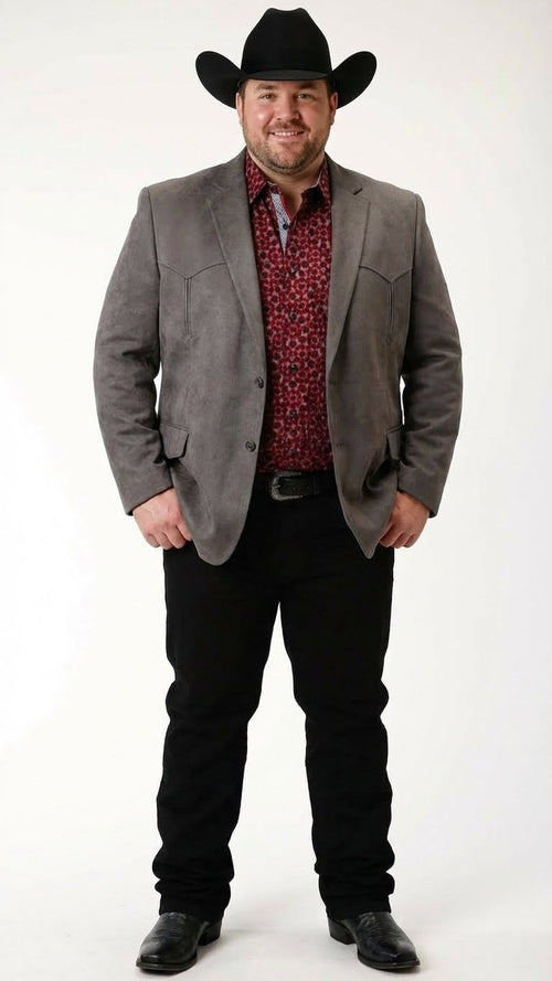 Men’s Charcoal Gray Western Faux Suede Blazer – Double Button Cowboy Jacket for Wedding & Party Wear