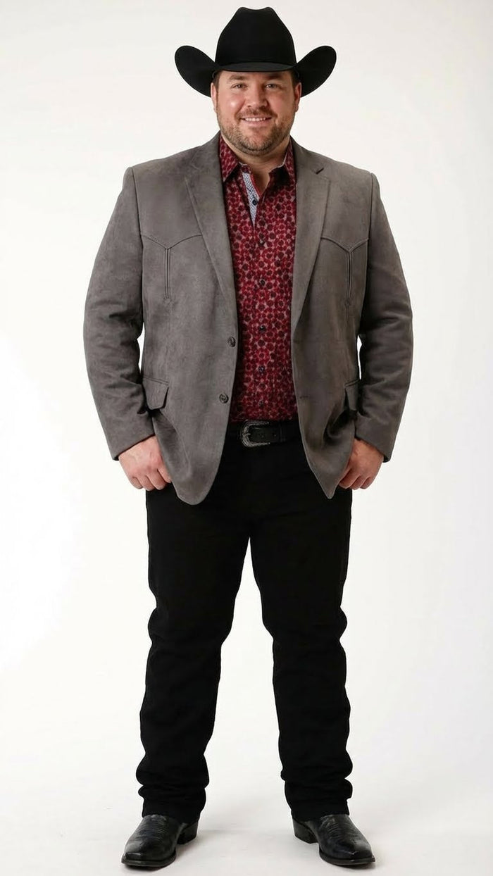 Men's brown western faux suede blazer with a structured shape featuring two front pockets. The blazer has a single-breasted design with three buttons, and the material appears soft and textured.