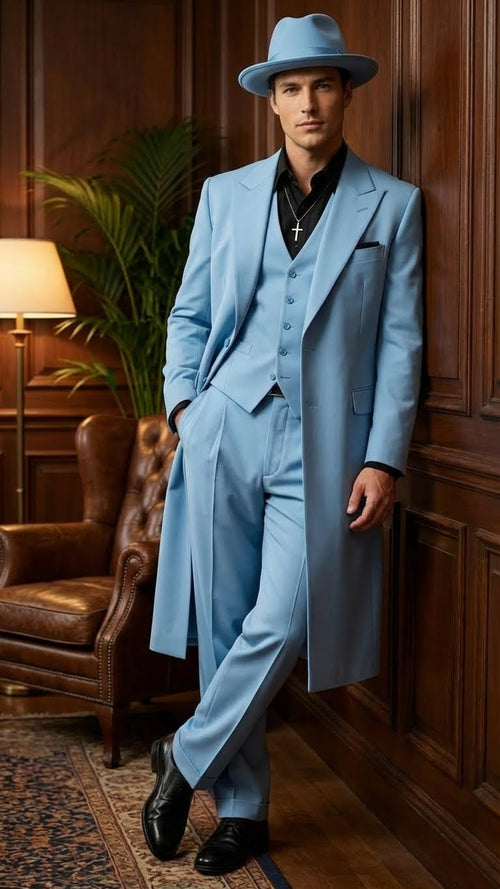 Men's light blue zoot suit: long jacket (peaked lapel, double-breasted), waistcoat (fitted, 3 buttons), wide-leg trousers (high rise). Smooth fabric (wool blend). Includes matching hat.