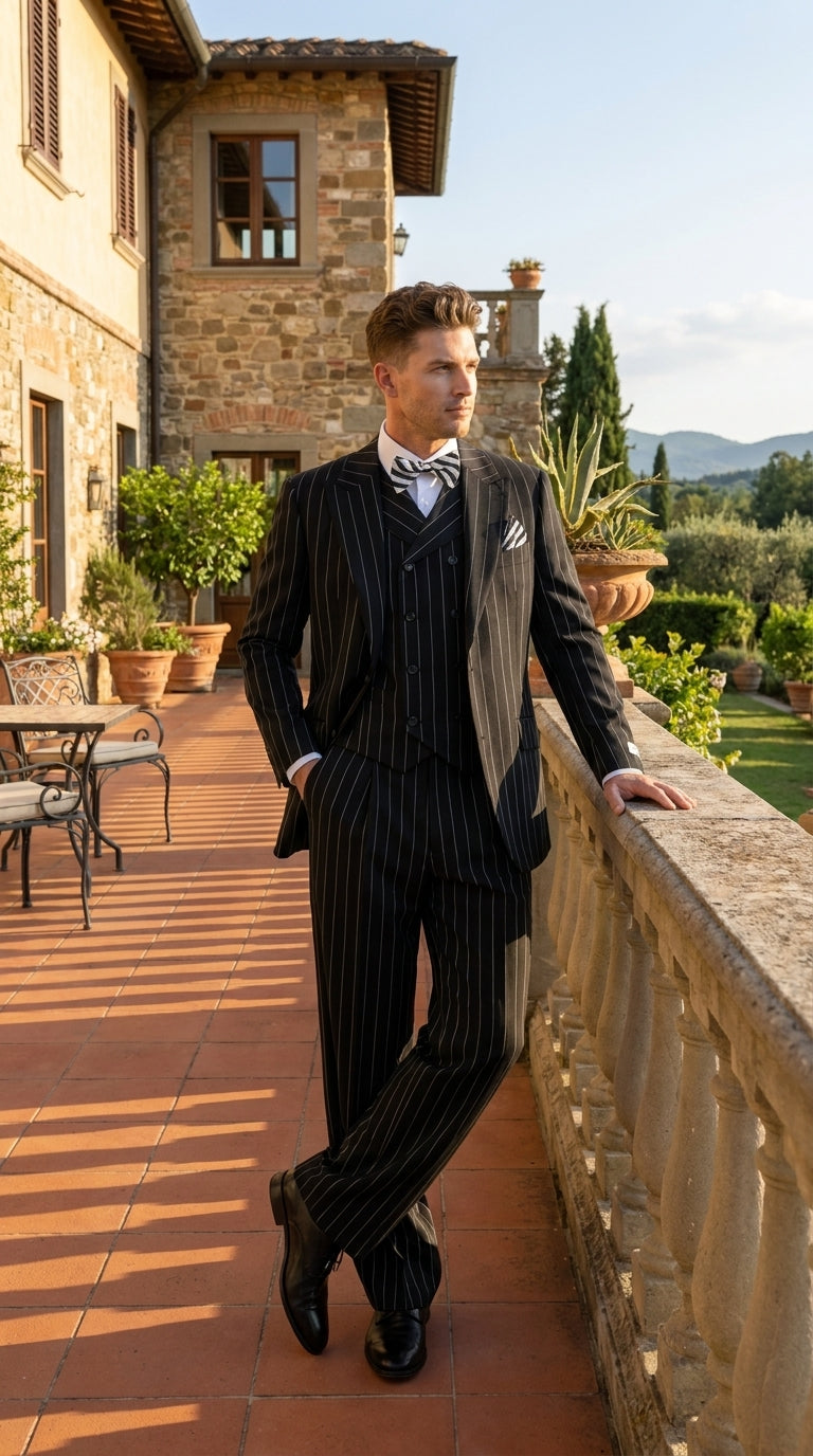 Men’s Black Pinstripe 3-Piece Suit Wool Suit  – Classic Fit Single Button Suit with Wide Leg Pleated Pants By Tiglio Russo