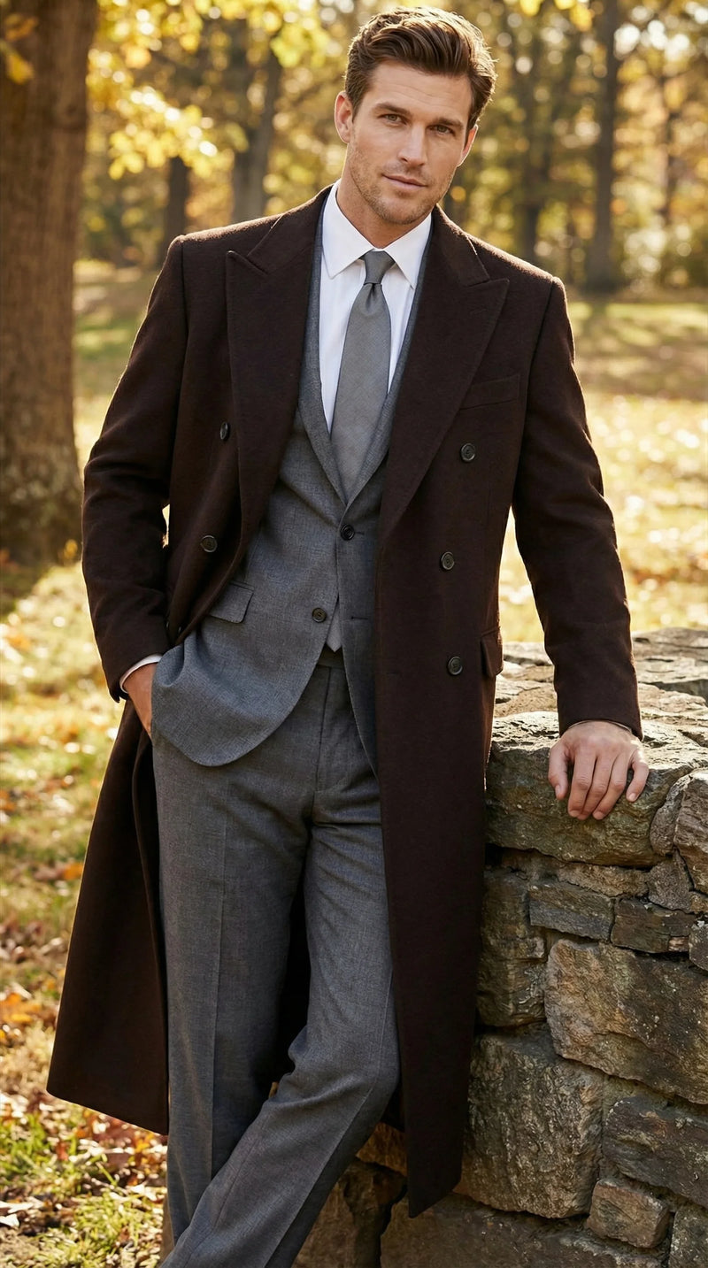 Men’s Brown Long Overcoat – Double Breasted Classic Formal Winter Coat for Business, Topcoat and Cold Weather Wear
