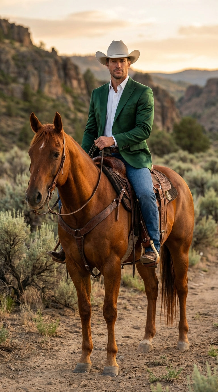 Mens Shiny Dark Green Cowboy Blazer – Western Style Satin Finish Blazer for Party, Country Hunter Color
