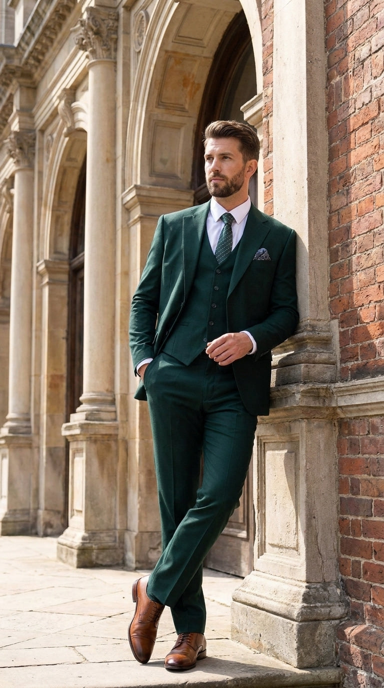 Men’s Stacey Adams Designer Hunter Green 3 Piece Suit – Two Button Vested Classic Wedding, Prom & Formal Suit