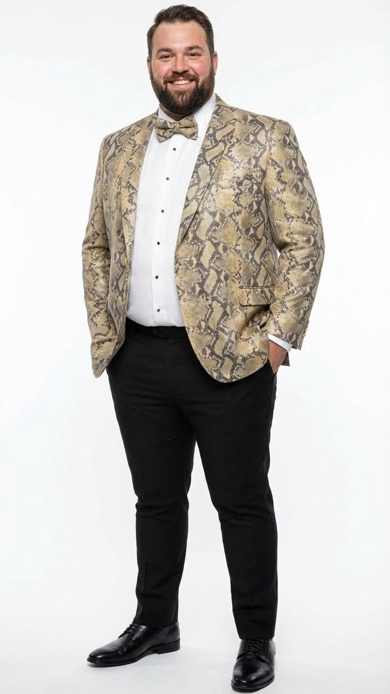 Men's beige & black snakeskin print blazer with structured silhouette, notched lapels, button closure, and front pockets. Textured pattern. Paired with white shirt & black trousers.
