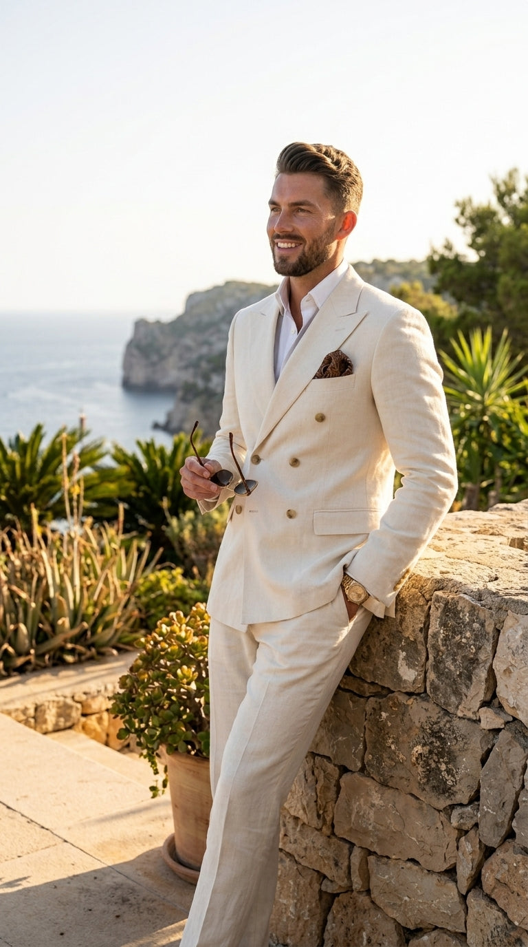 Men’s Ivory Linen Double Breasted Blazer, Lightweight Wedding Dinner Sport Coat Jacket Cream Off White