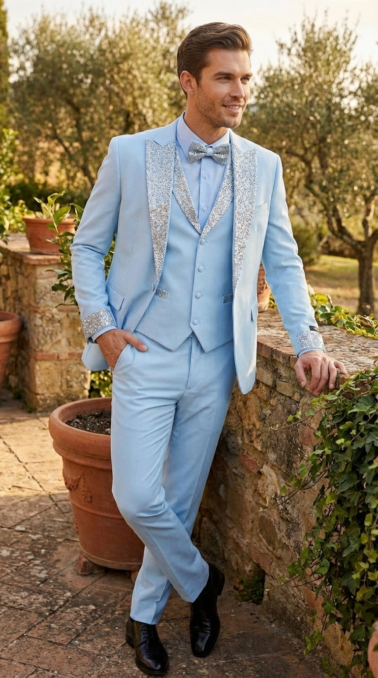 Men's Alberto Nardoni Light Blue Suit with Silver Glitter Lapel | All Sizes