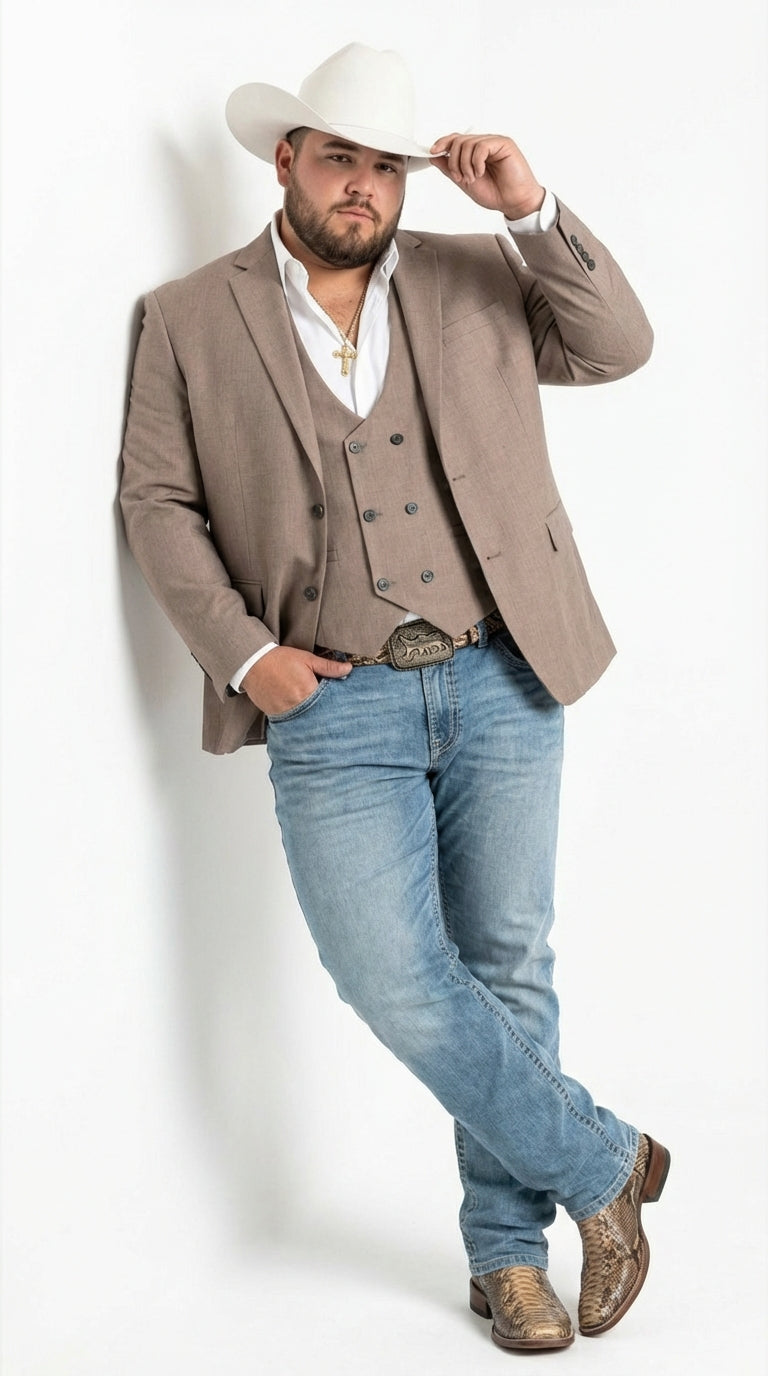 Men’s Beige Cowboy Blazer with Double breasted Vest – Western Two Piece Suit Pants included