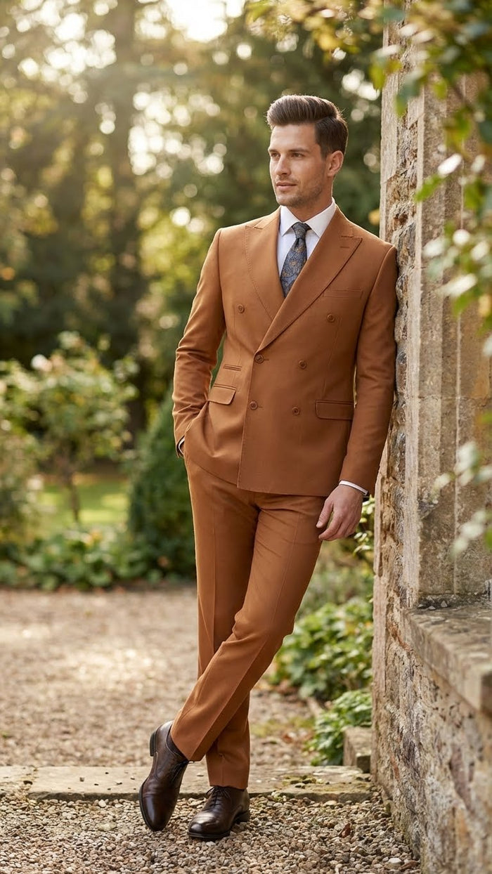 Vitali rust-orange copper double-breasted slim fit suit. Two-button front, sharp lapels. Smooth, structured fabric. Flat-front trousers. Warm, distinctive color perfect for formal wear.
