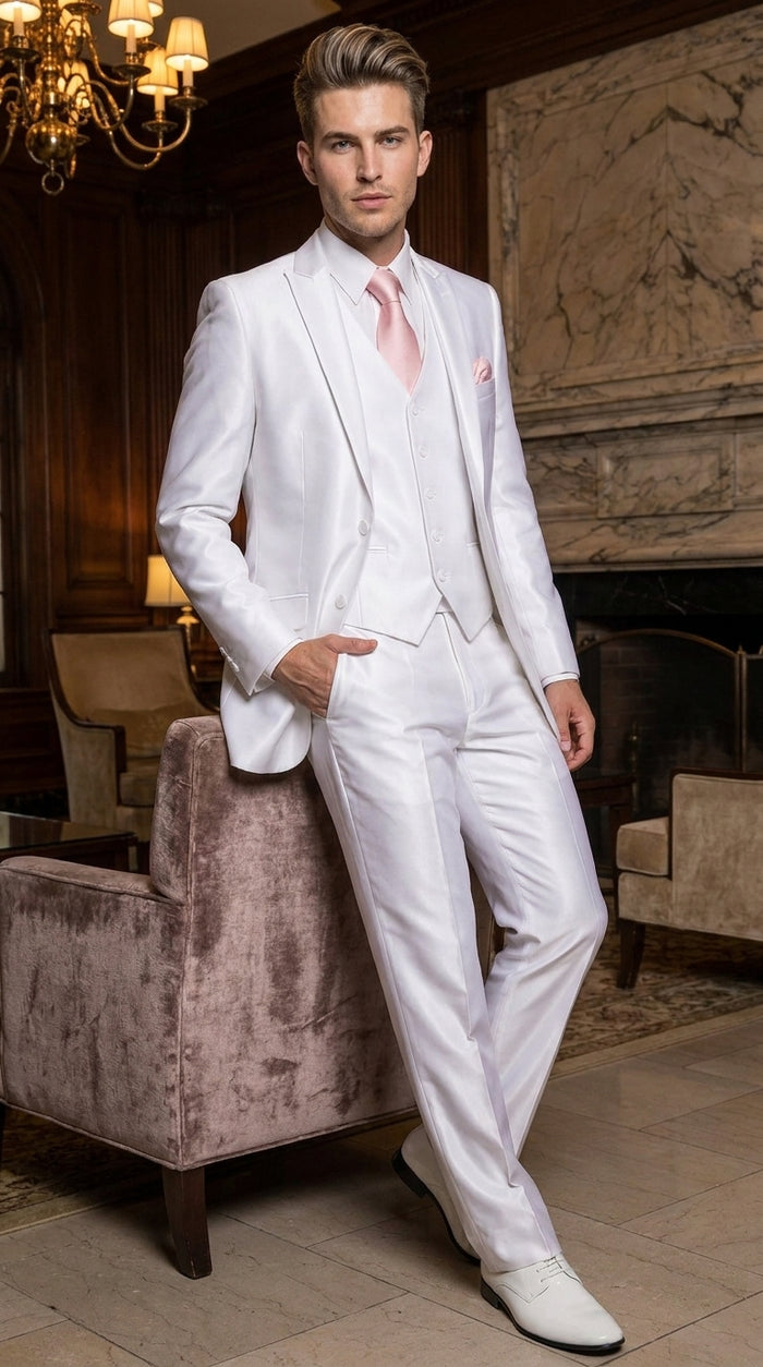 Men’s Shiny White Sateen 3 Piece Suit – Wedding Prom Formal Suit with Vest