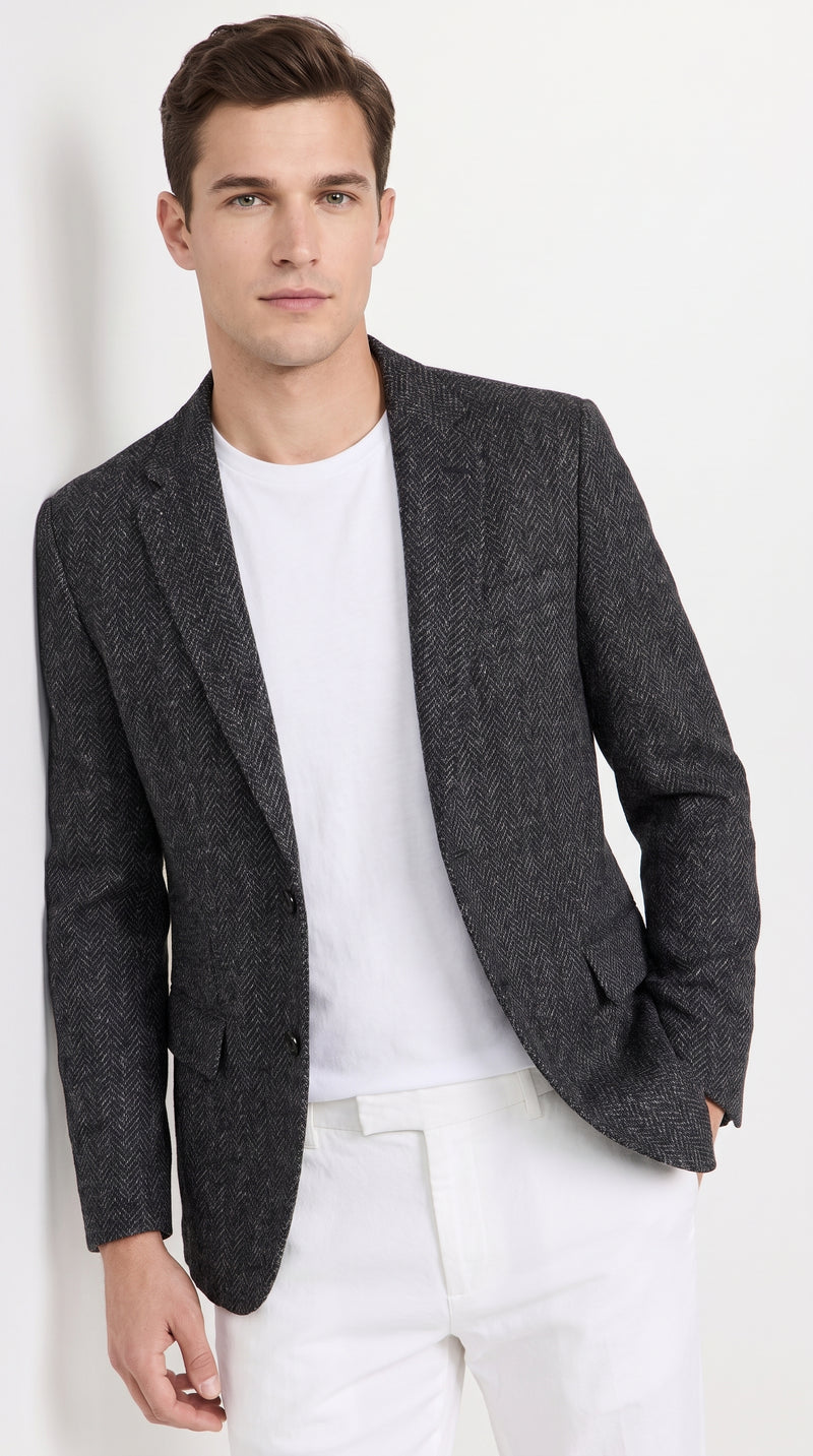 Men’s Charcoal Herringbone Tweed Sport Coat – Classic Textured Wool-Style Blazer
