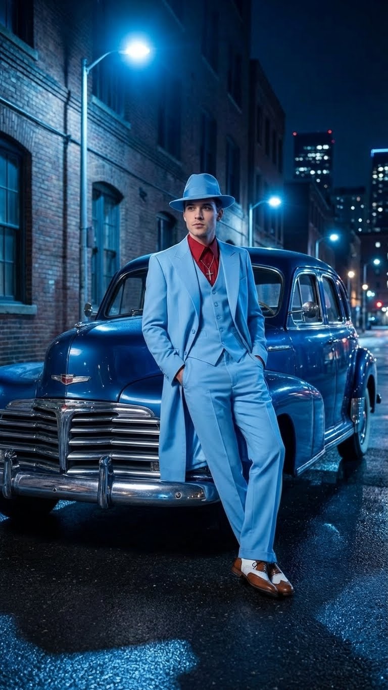 Mens Light Blue 1920s Zoot Suit Long Mafia Gangster Three-Piece