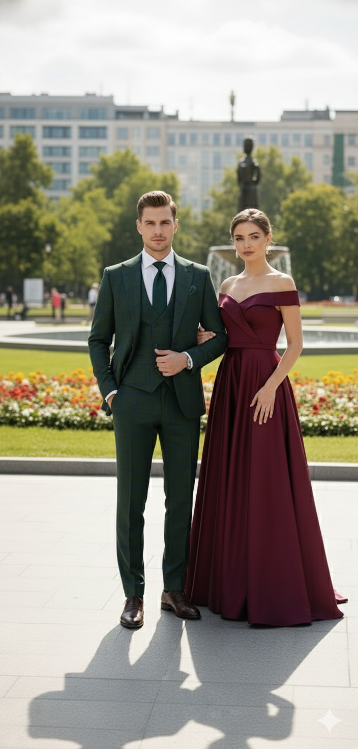 Men's green plaid 3-piece suit: slim fit, tailored jacket, vest, trousers. Classic check pattern, notched lapel, woven structured fabric in green shades.