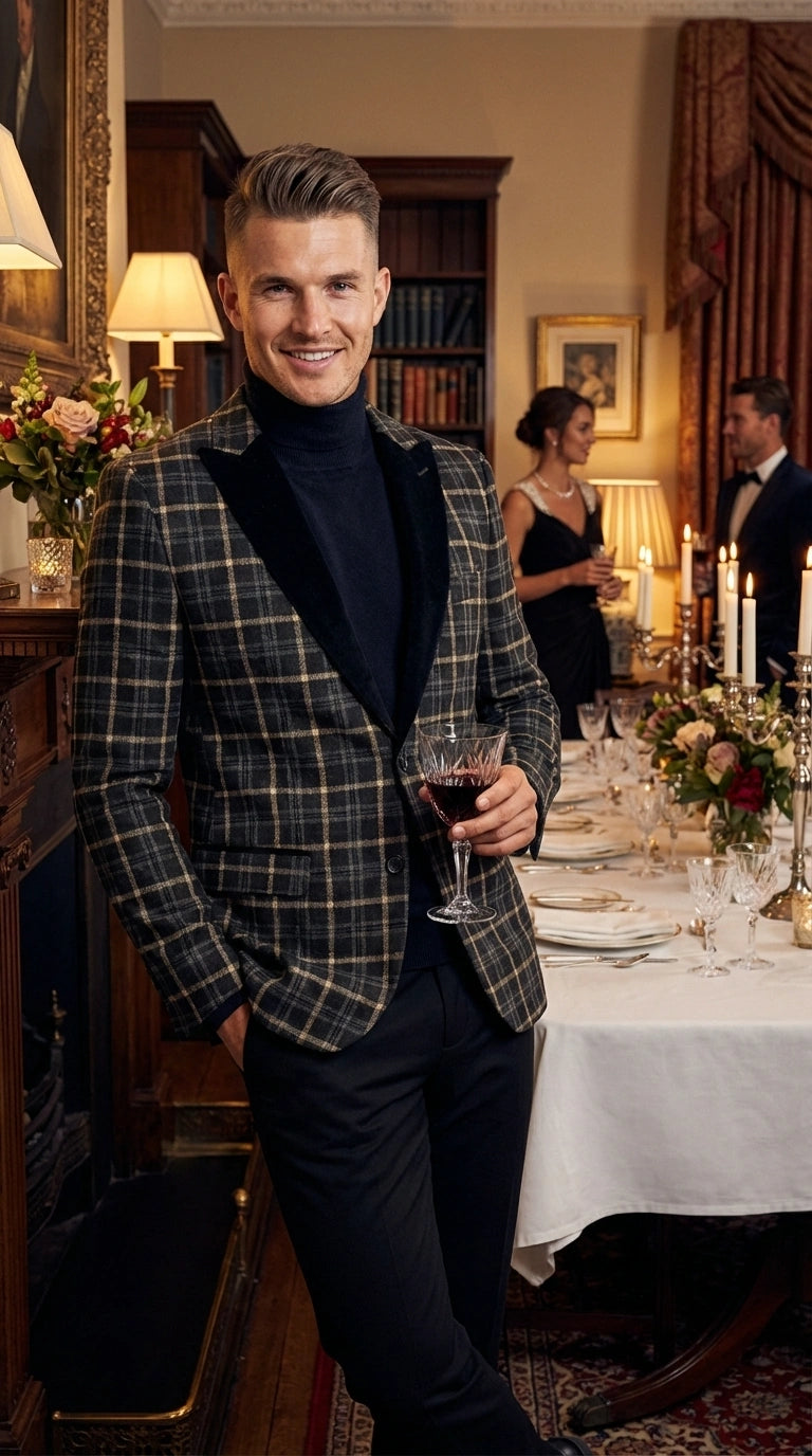 Mens Tartan Black and Gold Check Blazer – Windowpane Plaid Sport Coat Velvet Lapel Formal Party Jacket Chirsitmas New Year Holiday Jacket