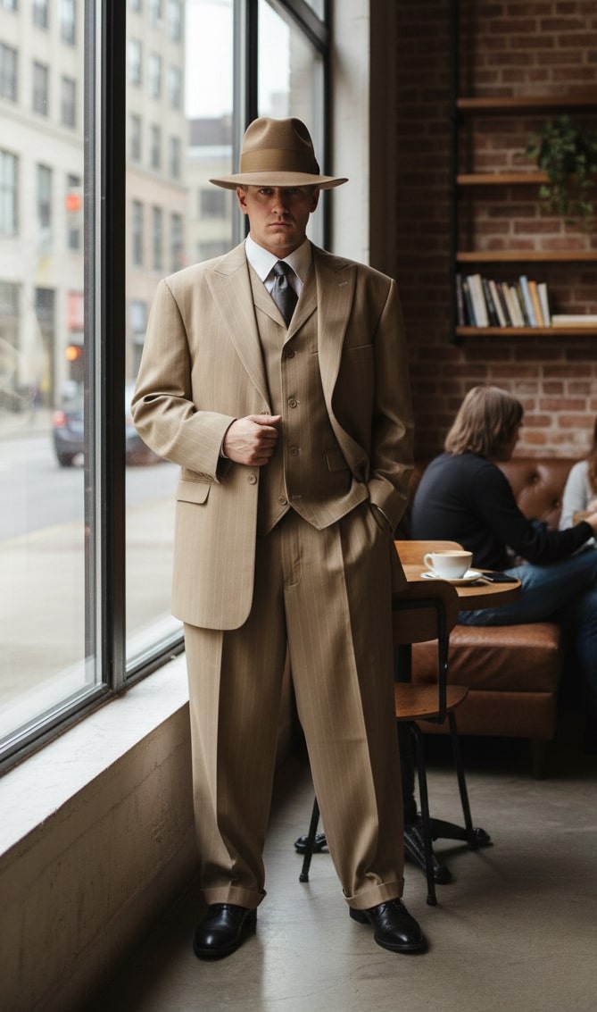 Tan pinstripe zoot suit: three-piece, wide-leg pants, matching vest & jacket. Light tan fabric with vertical stripes. Jacket: notched lapels, flap pockets. Pants: high-waisted, loose. Tan wide-brimmed hat completes the look.
