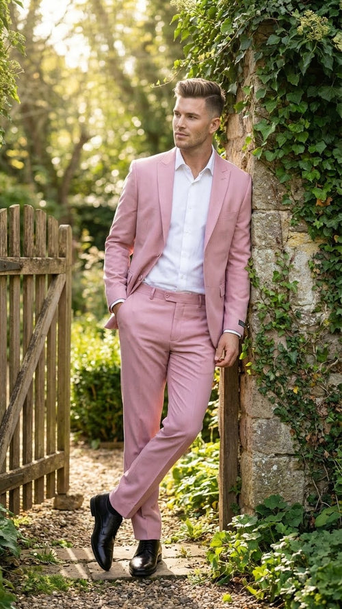 A light pink formal suit designed in a modern fit, featuring a single-breasted jacket and flat-front trousers. The fabric appears smooth, and the suit's color is blush. The suit is paired with a white shirt.