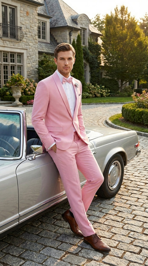 Mens Dusty Rose Pink Summer Tuxedo – Satin Shawl Lapel Formal Wedding Prom Suit
