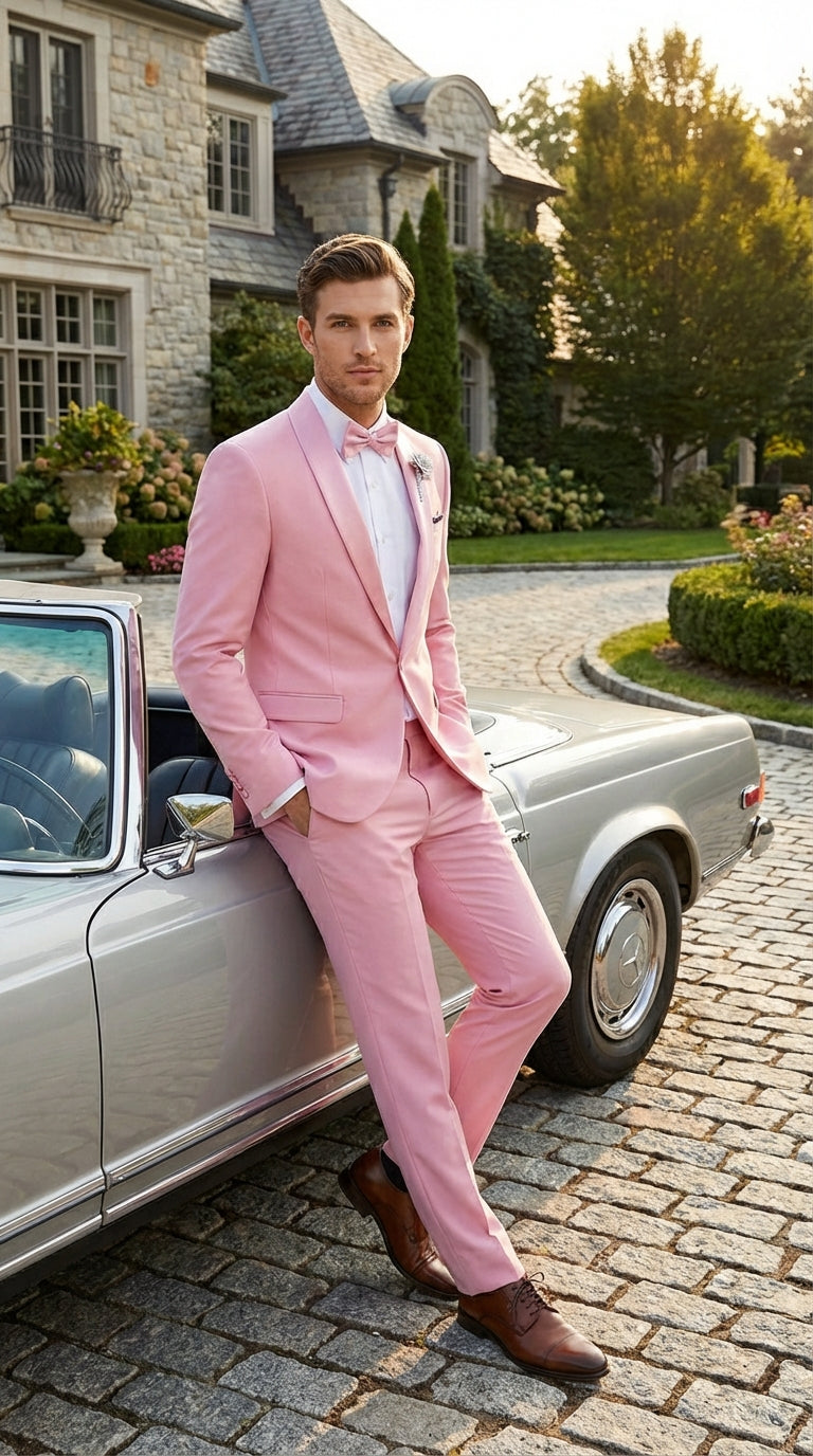 Mens Dusty Rose Pink Summer Tuxedo – Satin Shawl Lapel Formal Wedding Prom Suit
