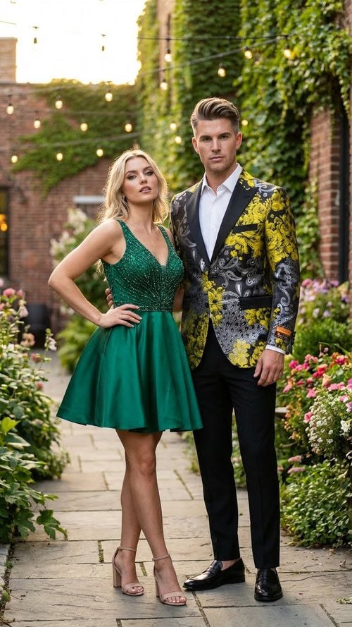 Yellow tuxedo blazer: Black & gold floral pattern. Classic blazer shape, tailored fit. Intricate floral design on smooth, light-reflecting fabric with black lapel.
