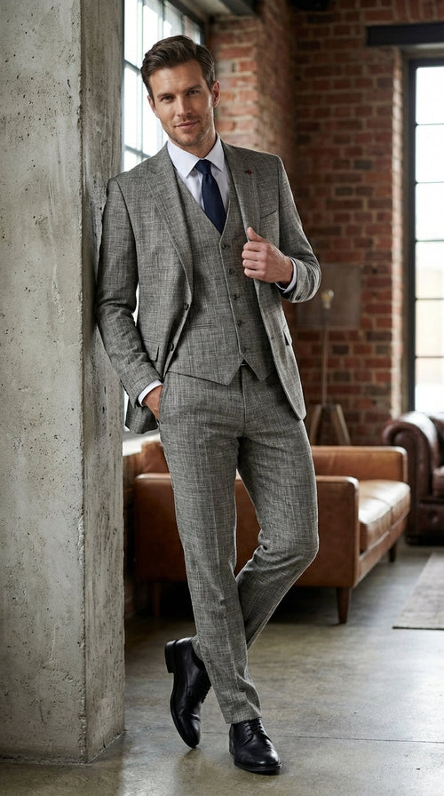 Vitali Brand Men’s Grey Textured Patterned 3 Piece Suit – Modern Fit Checkered Sharkskin with Blazer, Vest & Trousers, Business Wedding