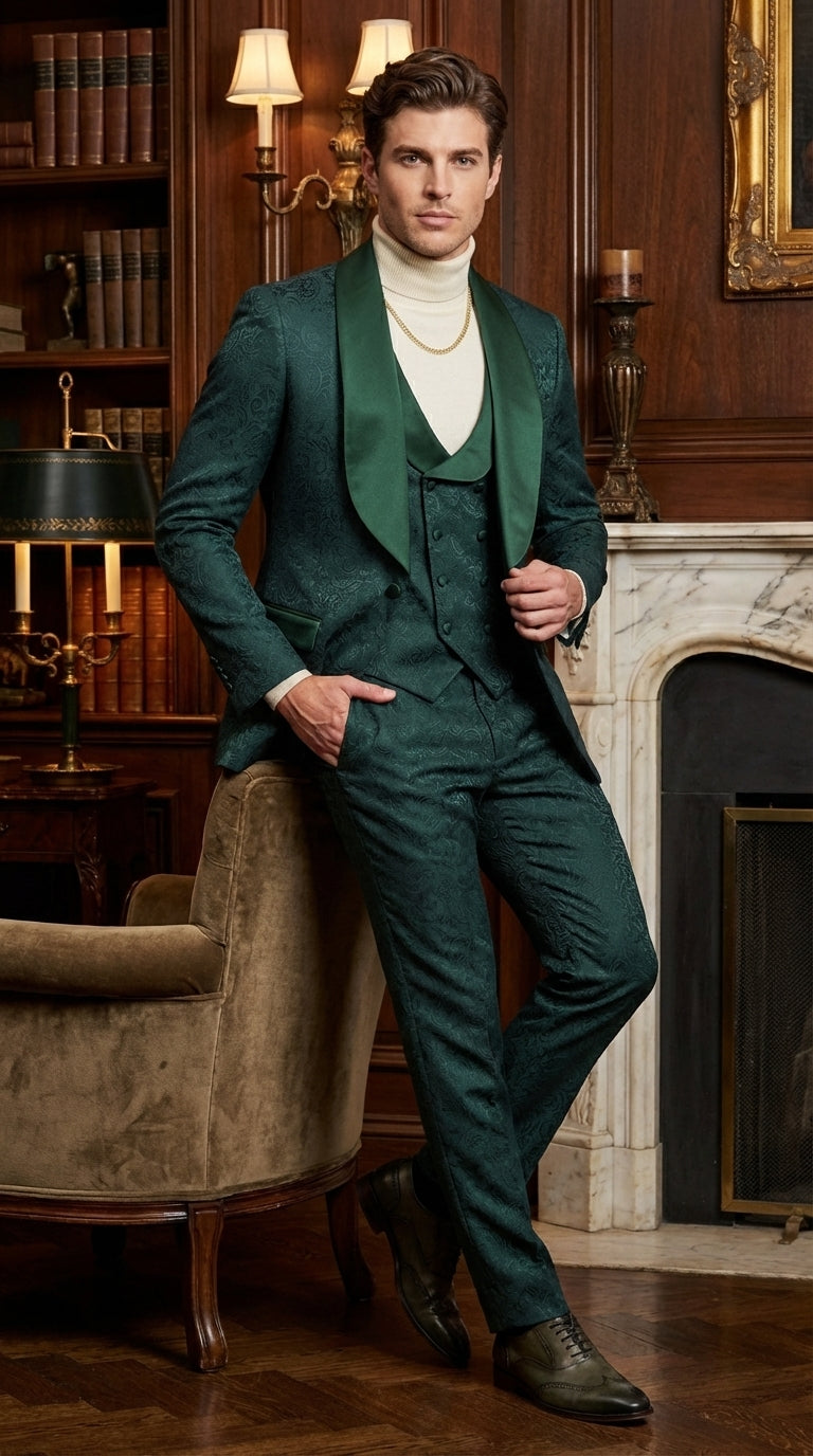 Mens Hunter Green Wedding Tuxedo Suit – Paisley Pattern Three Piece Formal Suit Set with Shawl Lapel for Groom, Prom in Emerald green