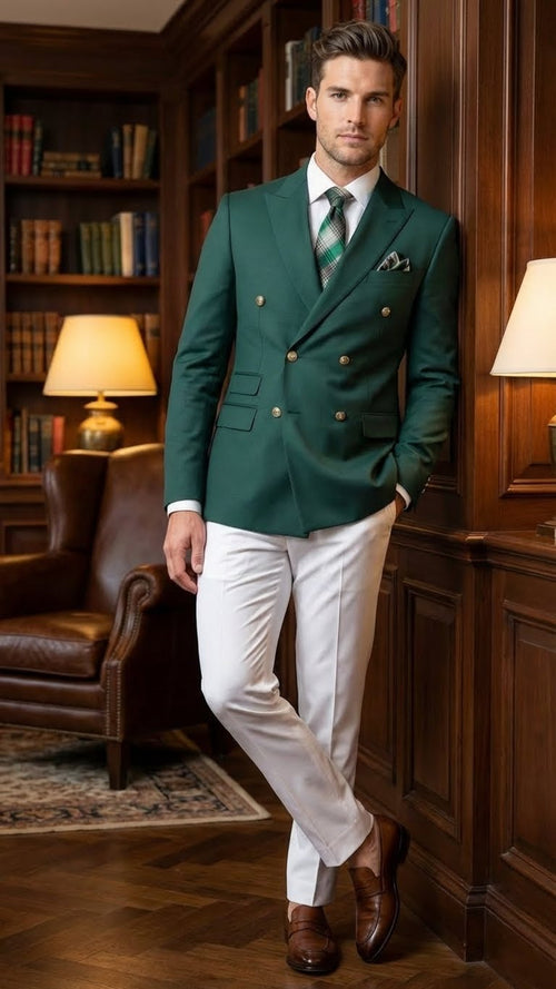 Men’s dark green double-breasted blazer featuring a tailored fit, structured shoulders, and two rows of gold buttons. The fabric appears textured, with side pockets and a peak lapel design.