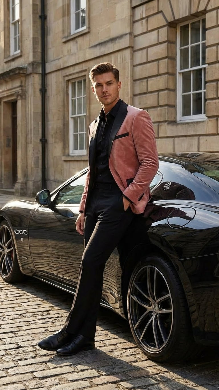 Men's dusty rose pink velvet blazer with black satin lapel. Fitted, single-button closure, and two front pockets. Smooth texture, contrasting colors.
