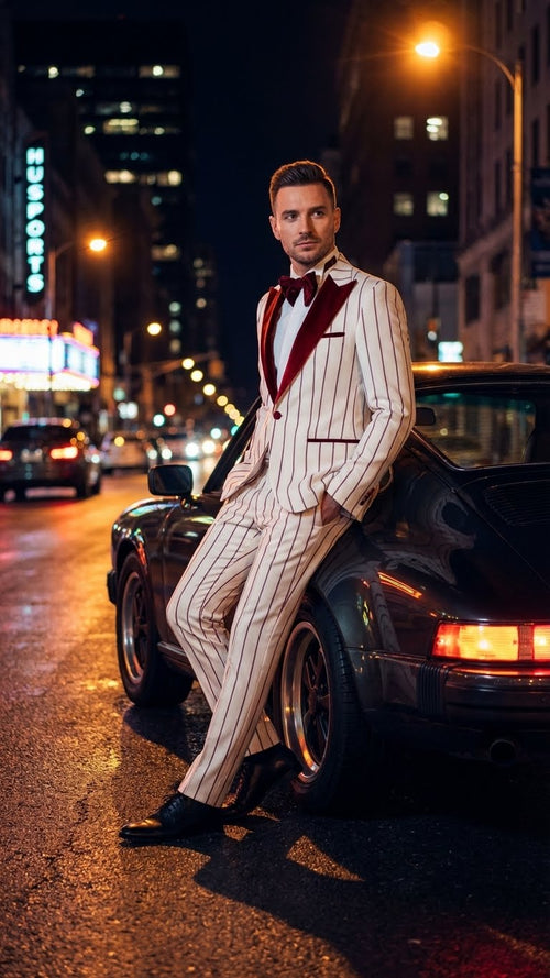 Men's pinstripe tuxedo: white & dark red. Fitted silhouette with velvet shawl lapel. Single-button jacket, slim-fit pants. Vertical stripes meet textured details.
