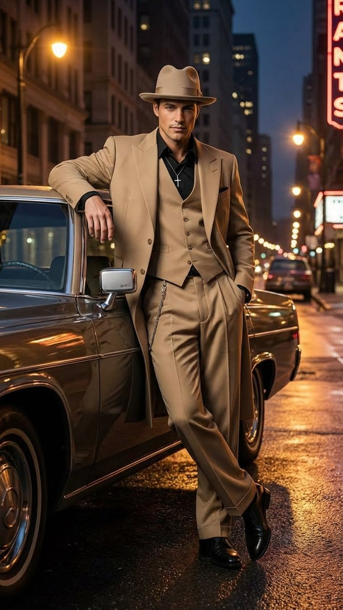 Alberto Nardoni men's 1920s beige zoot suit. Long jacket, wide lapels, double-breasted vest, high-waisted trousers with chain. Smooth beige fabric. Includes a matching fedora for vintage flair.