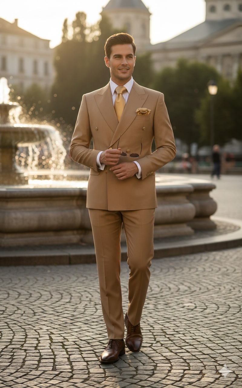 Mens Camel - Bronze - Goldish khaki Double-Breasted Suit – Luxury 2-Piece Formal Set with Gold Buttons and Peak Lapels by Rossi Man