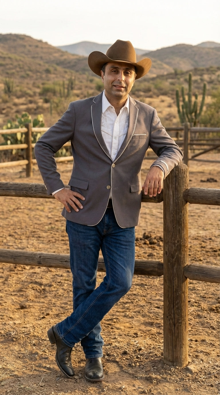 Mens Grey and White Trim Western Blazer – Classic Fit Cowboy Style Contrast Trim Dress Jacket