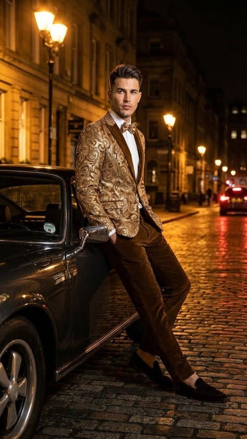 Men's gold-brown tuxedo jacket with embroidered swirling patterns. Features lapel collar, button closure, and textured fabric. Ideal for formal events.
