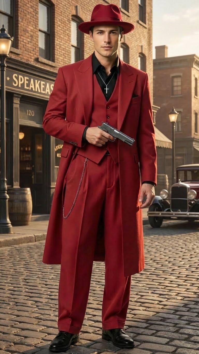Classic 1920s men's red zoot suit: long coat, wide lapels, high-waisted trousers, red fedora, fitted vest, dark shirt, silver chain, and black shoes.