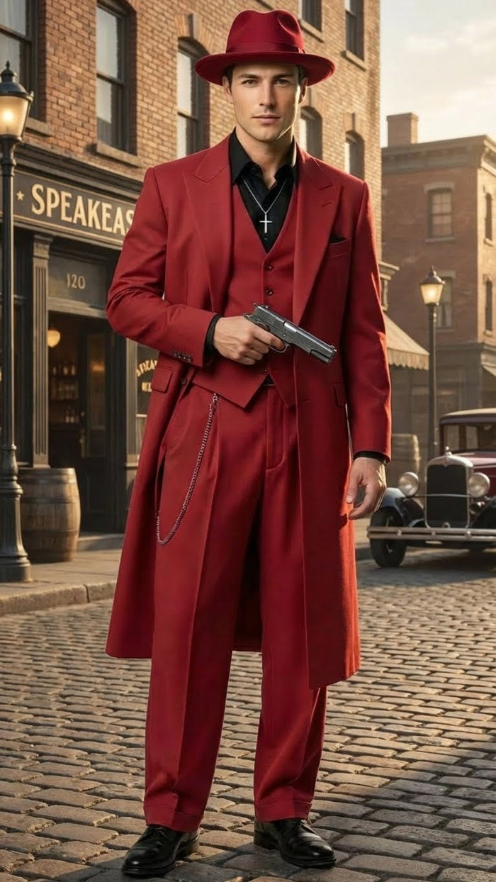 Classic 1920s men's red zoot suit: long coat, wide lapels, high-waisted trousers, red fedora, fitted vest, dark shirt, silver chain, and black shoes.