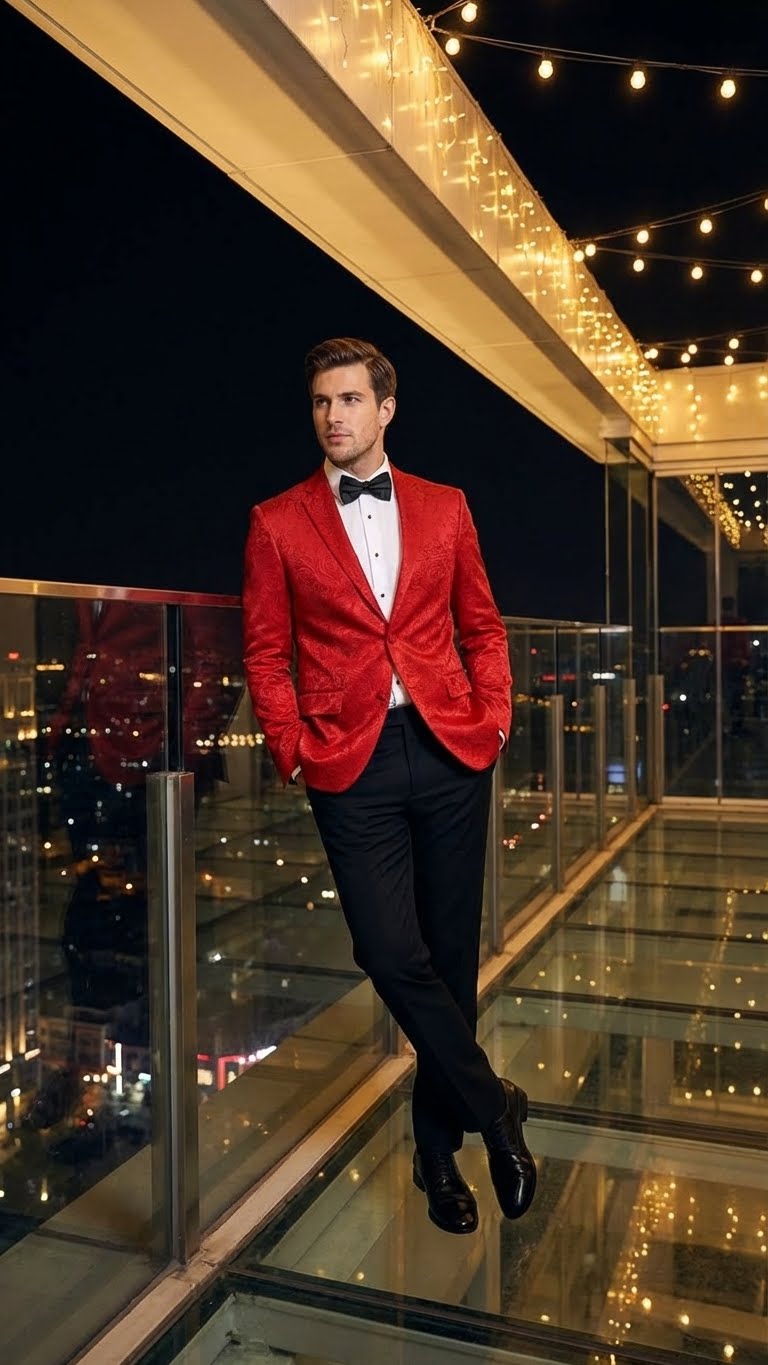 Men's red paisley velvet blazer with tailored fit, single button closure, sharp lapels. Paired with white shirt, black bow tie. Features long sleeves, detailed stitching, and vibrant red velvet fabric.
